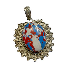 Unique Silvertone Pendant Red White & Blue Synthetic Stone Ornate Boho Festival